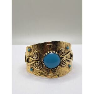 Vintage Gold Tone Hammered Cuff Bracelet Faux Turquoise Artisan Style